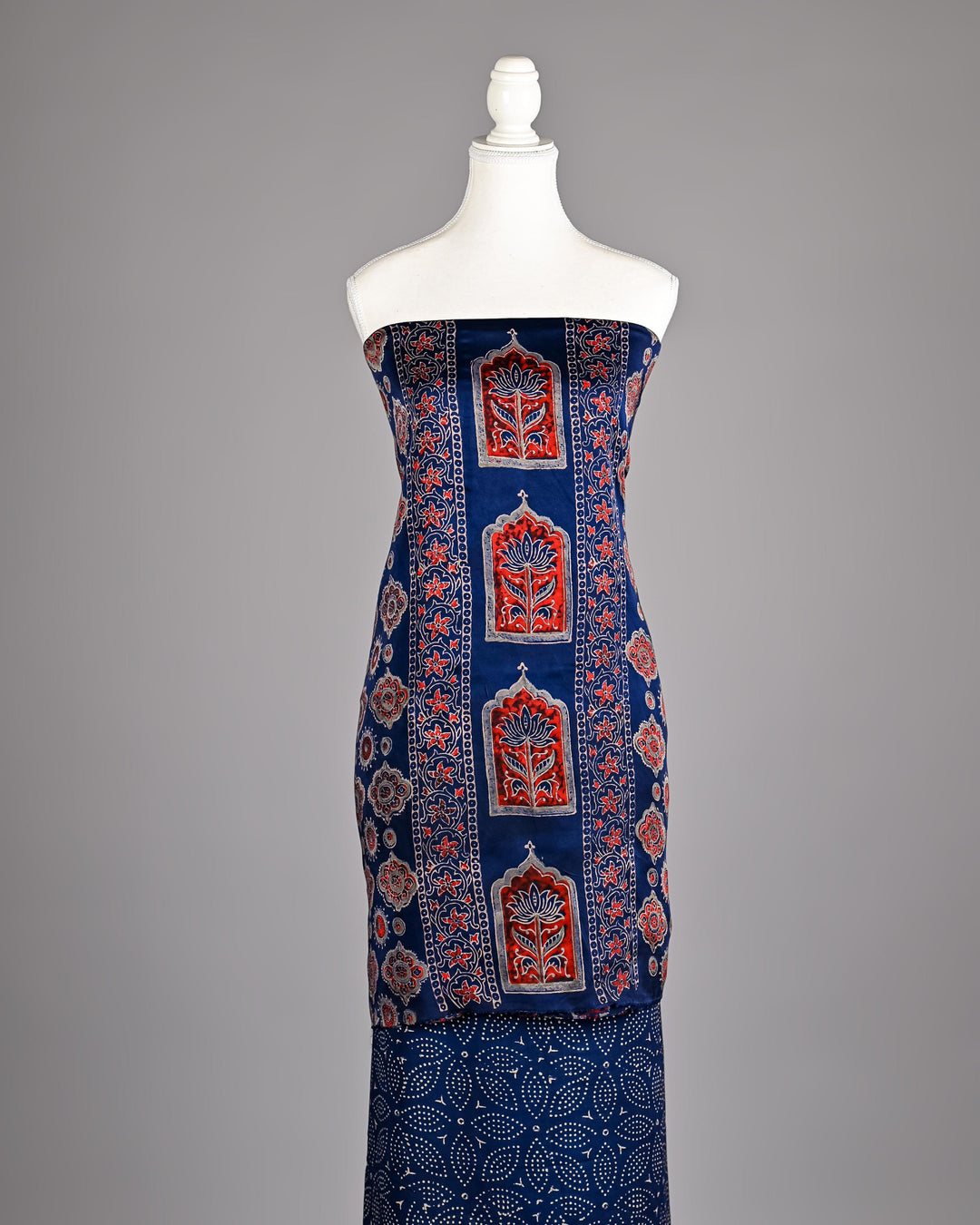 Pure Modal Silk Ajrakh handblock printed Unstitched Suit - NavyBlue Rust Print