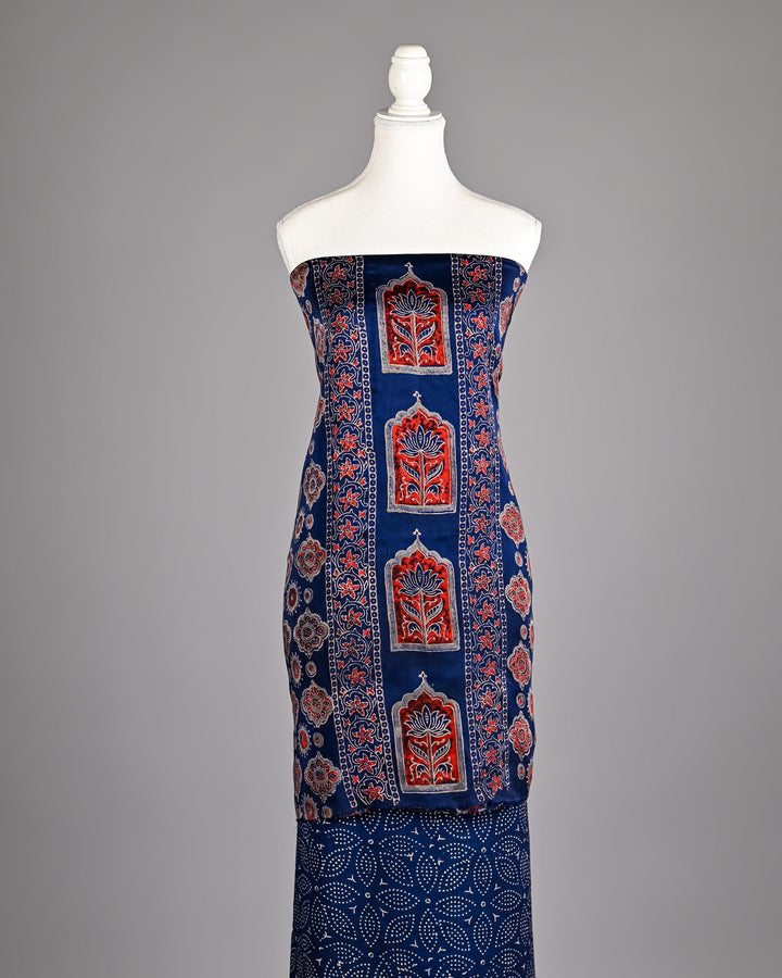 Pure Modal Silk Ajrakh handblock printed Unstitched Suit - NavyBlue Rust Print