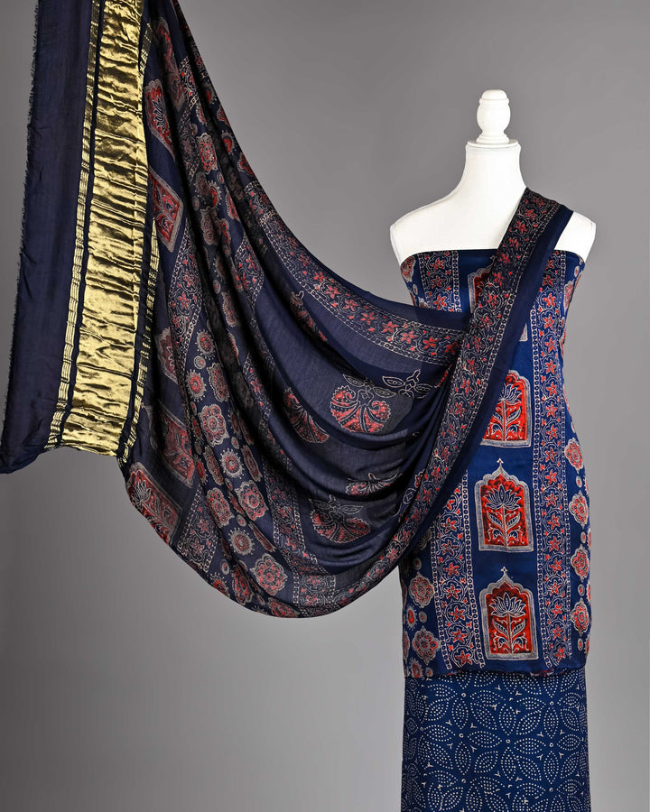 Pure Modal Silk Ajrakh handblock printed Unstitched Suit - NavyBlue Rust Print