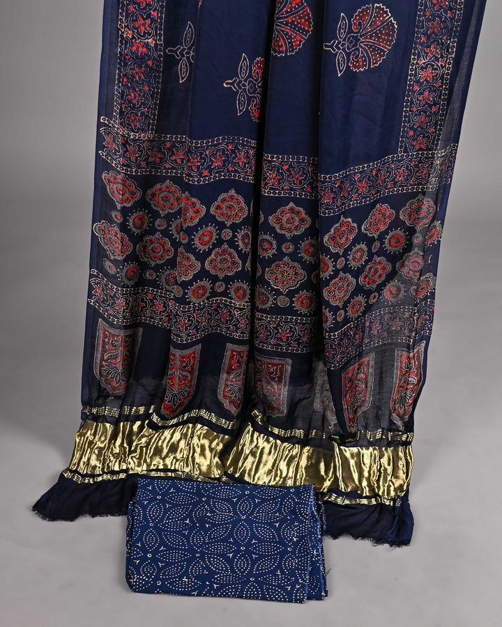 Pure Modal Silk Ajrakh handblock printed Unstitched Suit - NavyBlue Rust Print
