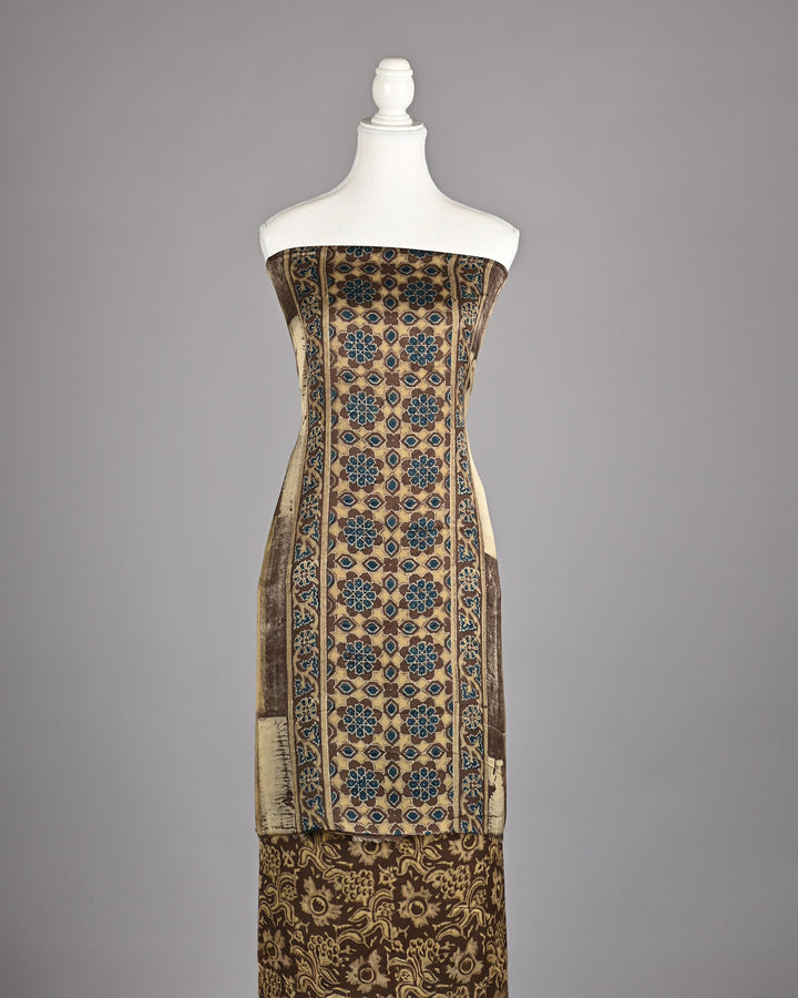 Pure Modal Silk Ajrakh handblock printed Unstitched Suit - Warn Beige