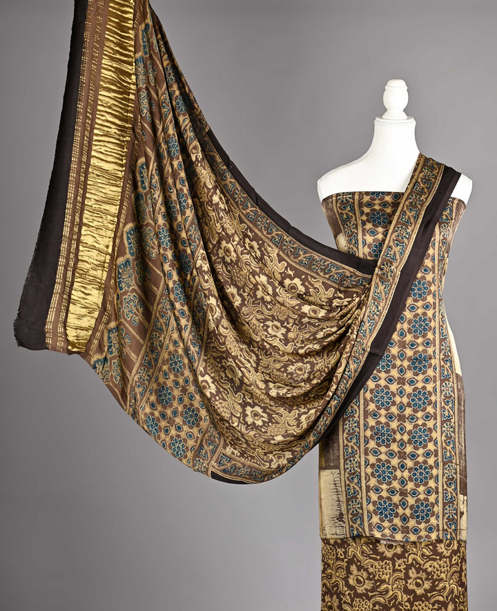 Pure Modal Silk Ajrakh handblock printed Unstitched Suit - Warn Beige