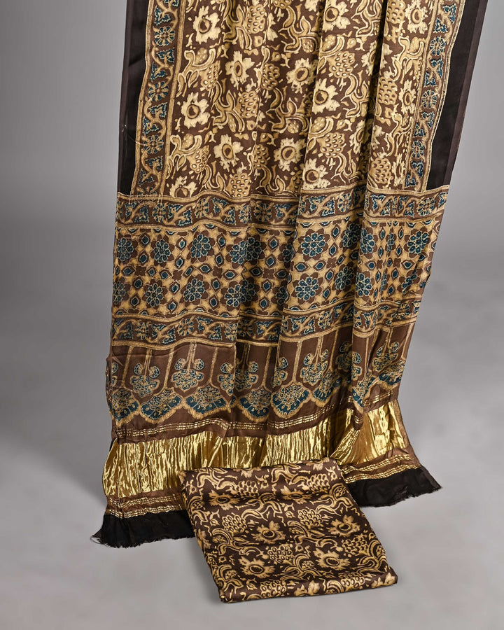 Pure Modal Silk Ajrakh handblock printed Unstitched Suit - Warn Beige