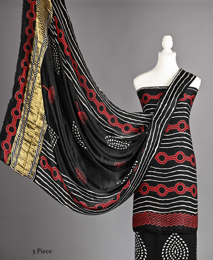 Pure Modal Silk Ajrakh handblock printed Unstitched Suit - Black With Rust print