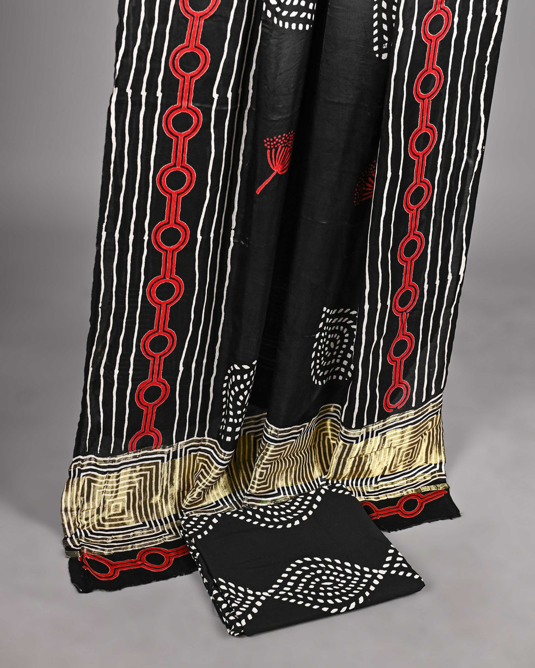 Pure Modal Silk Ajrakh handblock printed Unstitched Suit - Black With Rust print