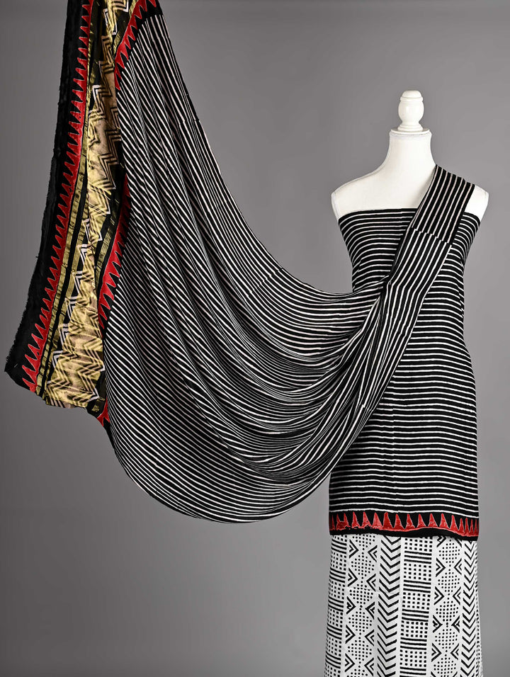 Pure Modal Silk Ajrakh handblock printed Unstitched Suit - Geometrical white and black