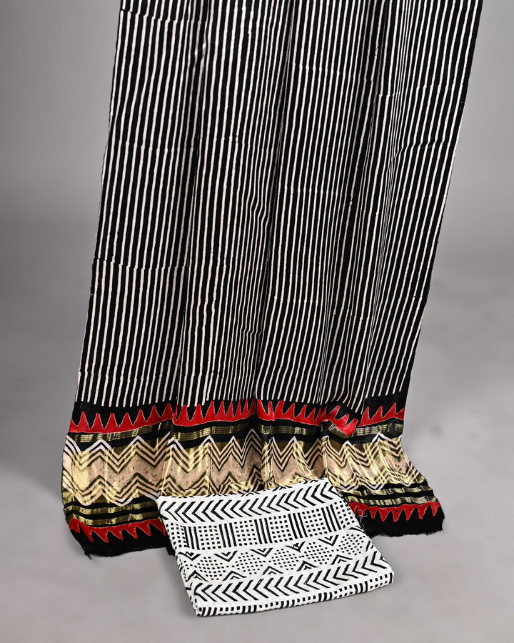 Pure Modal Silk Ajrakh handblock printed Unstitched Suit - Geometrical white and black