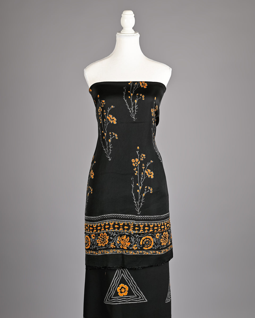 Pure Modal Silk Ajrakh handblock printed Unstitched Suit - Jet Black With Mastard yellow