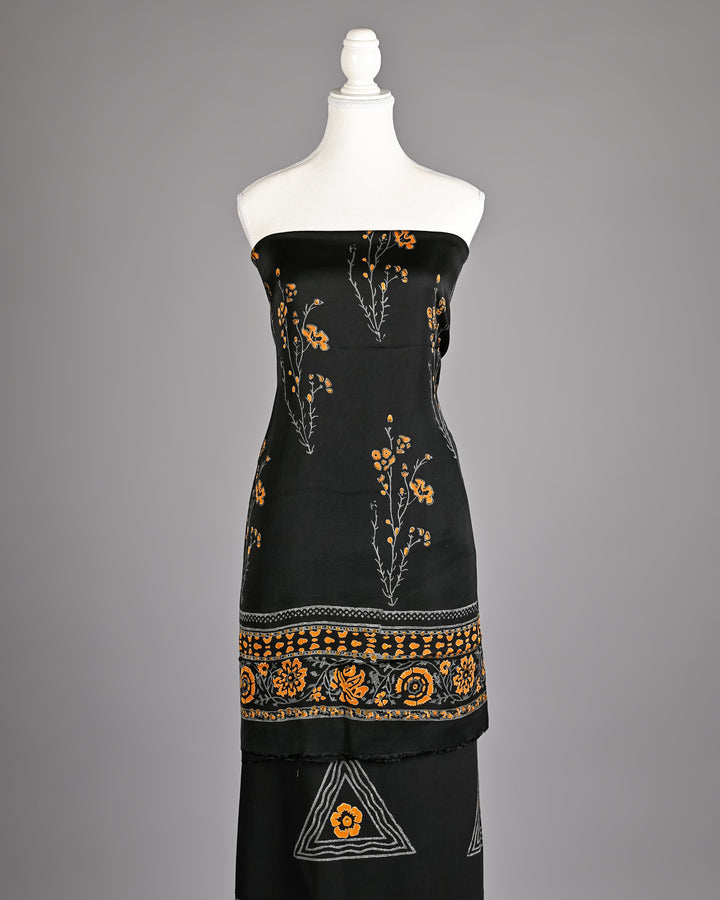 Pure Modal Silk Ajrakh handblock printed Unstitched Suit - Jet Black With Mastard yellow