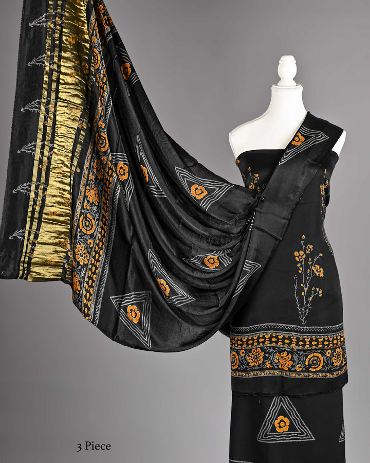 Pure Modal Silk Ajrakh handblock printed Unstitched Suit - Jet Black With Mastard yellow