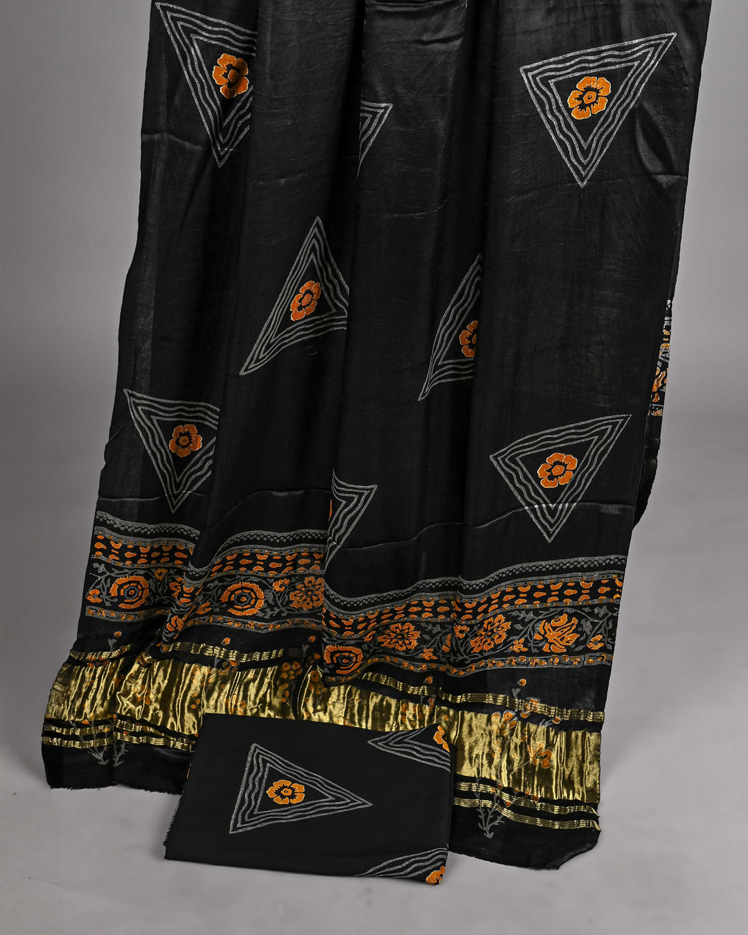 Pure Modal Silk Ajrakh handblock printed Unstitched Suit - Jet Black With Mastard yellow