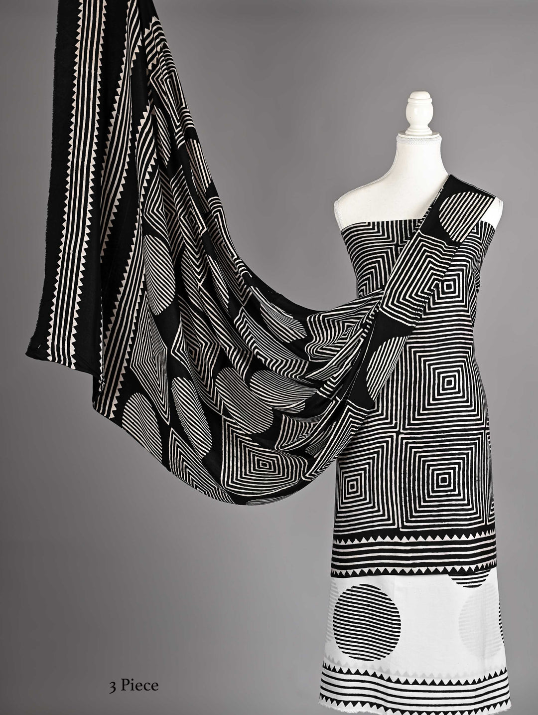 Pure Modal Silk Ajrakh handblock printed Unstitched Suit - Geometrical white and black