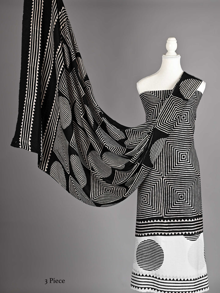 Pure Modal Silk Ajrakh handblock printed Unstitched Suit - Geometrical white and black