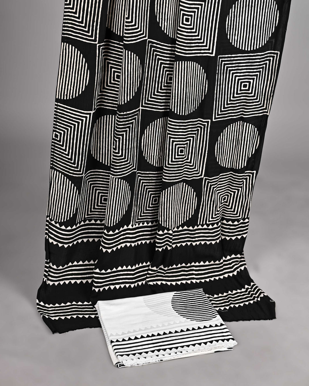 Pure Modal Silk Ajrakh handblock printed Unstitched Suit - Geometrical white and black