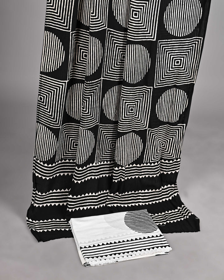 Pure Modal Silk Ajrakh handblock printed Unstitched Suit - Geometrical white and black