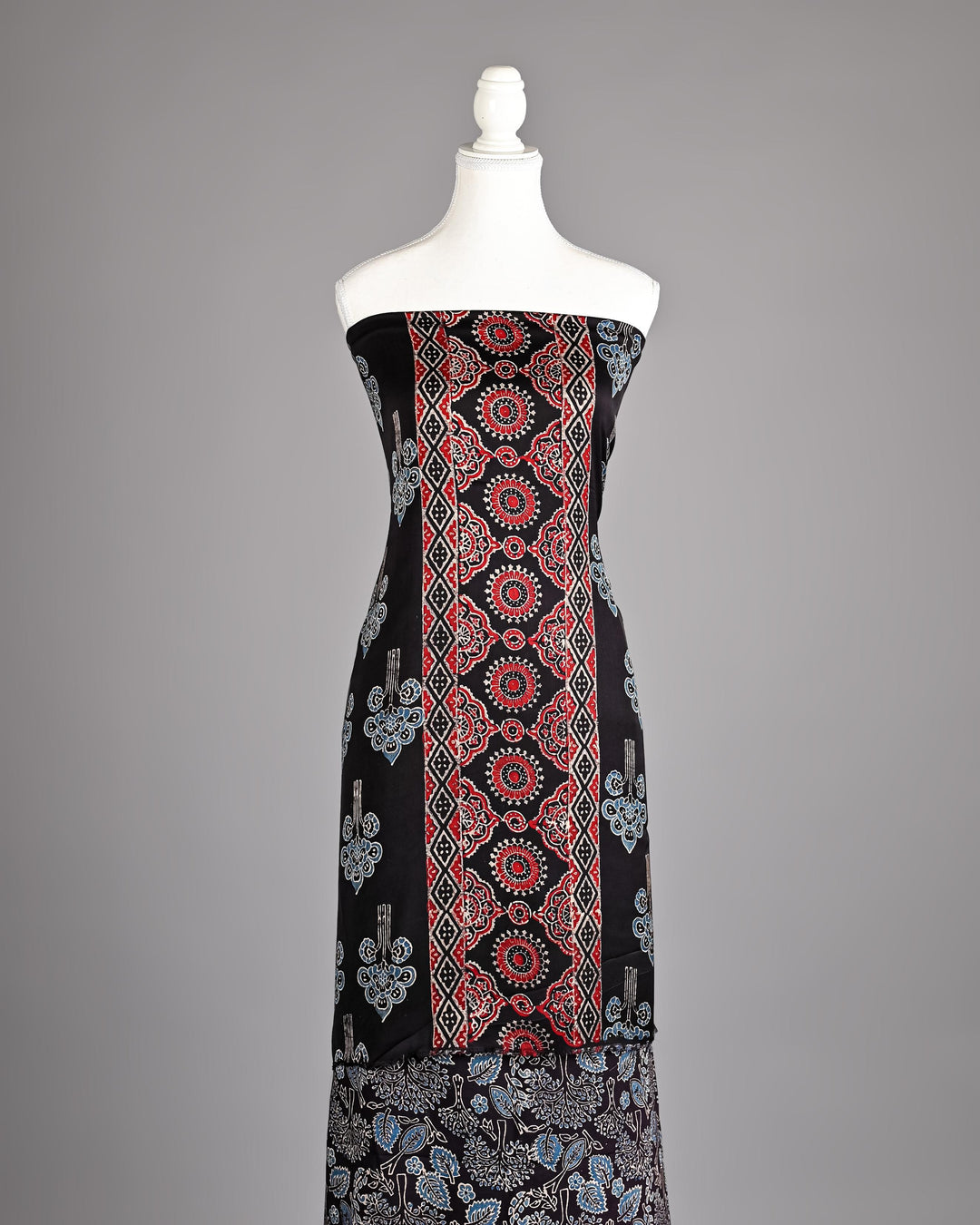 Pure Modal Silk Ajrakh handblock printed Unstitched Suit - Black With Rust print