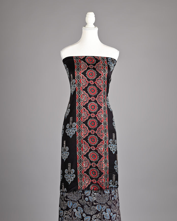 Pure Modal Silk Ajrakh handblock printed Unstitched Suit - Black With Rust print