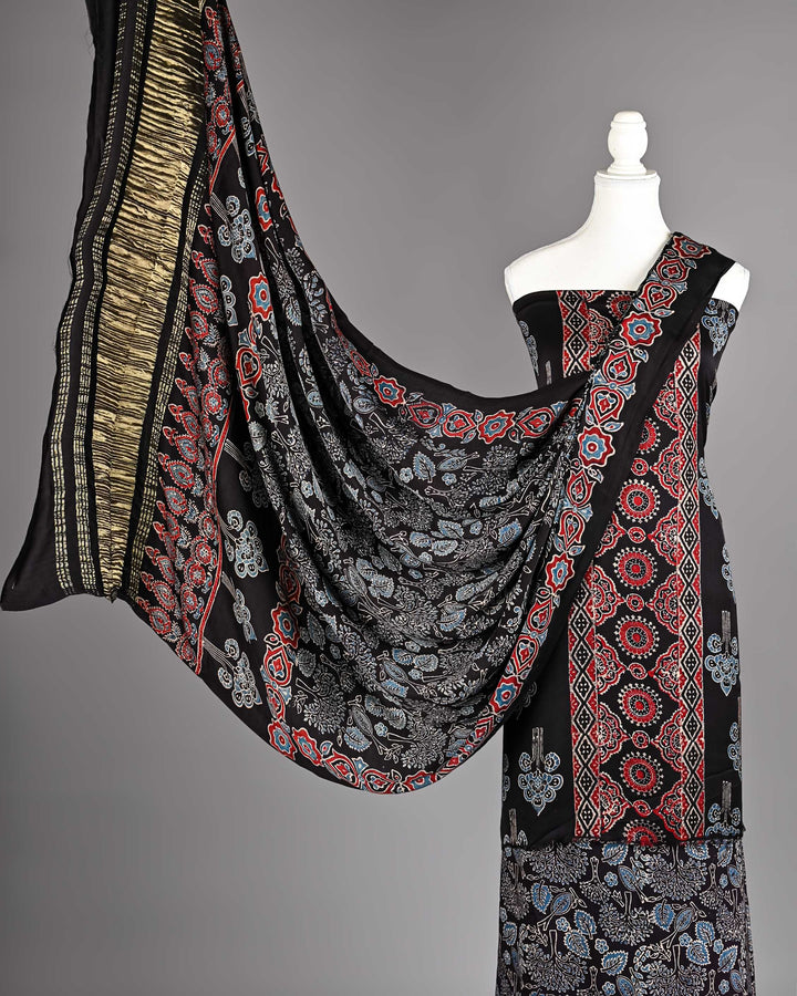 Pure Modal Silk Ajrakh handblock printed Unstitched Suit - Black With Rust print