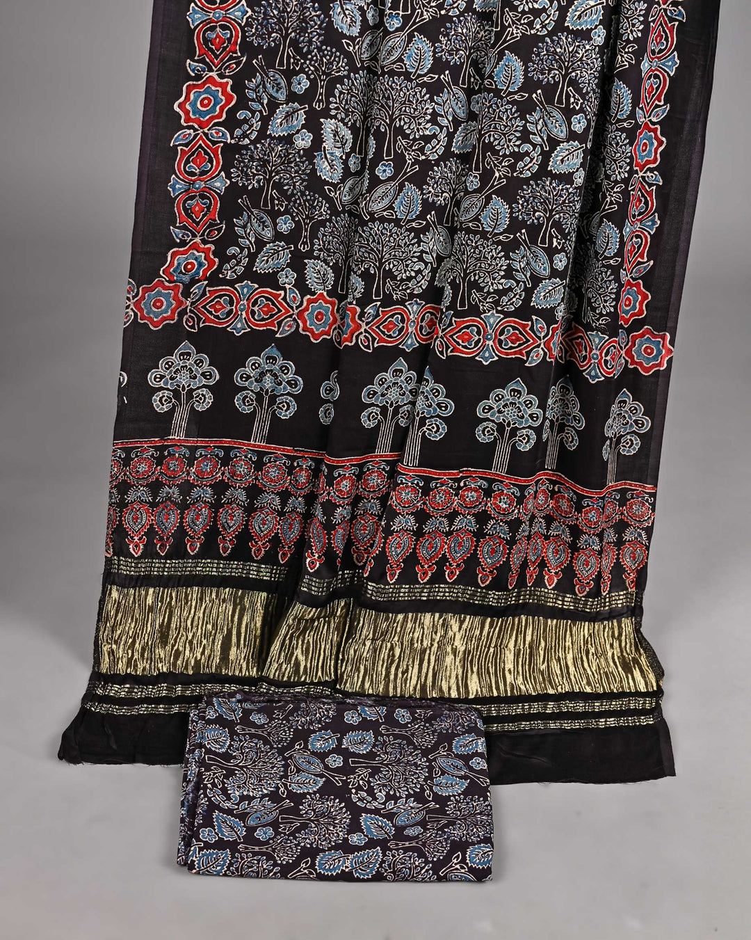 Pure Modal Silk Ajrakh handblock printed Unstitched Suit - Black With Rust print