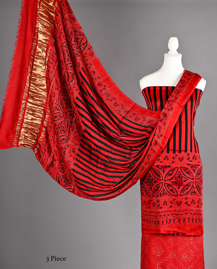 Pure Modal Silk Ajrakh handblock printed Unstitched Suit - Geomatrical red