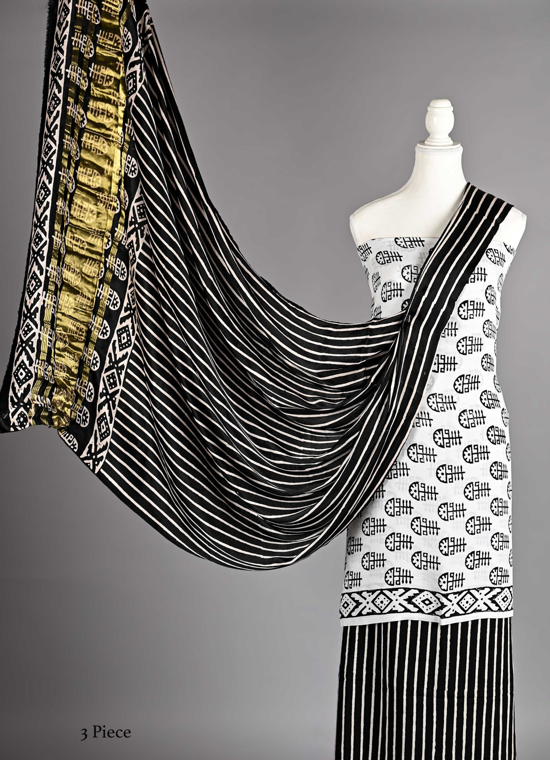 Pure Modal Silk Ajrakh handblock printed Unstitched Suit - Black and white