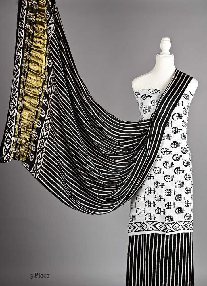 Pure Modal Silk Ajrakh handblock printed Unstitched Suit - Black and white