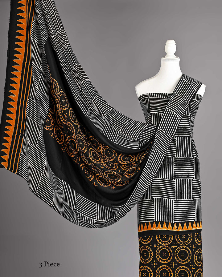Pure Modal Silk Ajrakh handblock printed Unstitched Suit - Geomatical black