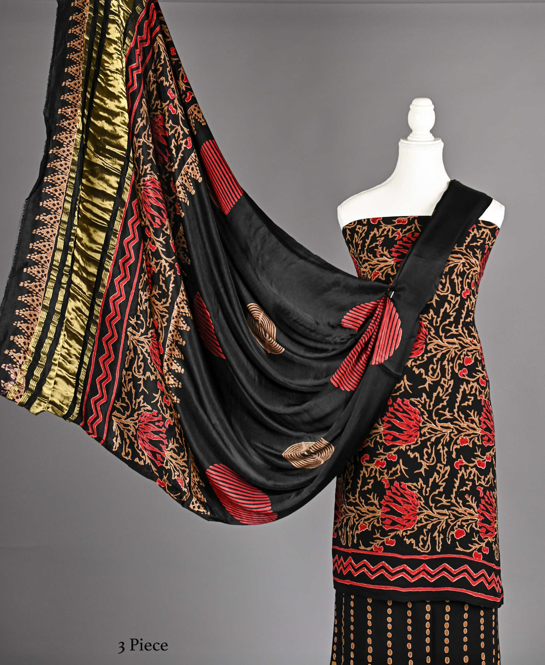 Pure Modal Silk Ajrakh handblock printed Unstitched Suit - Black and mustard