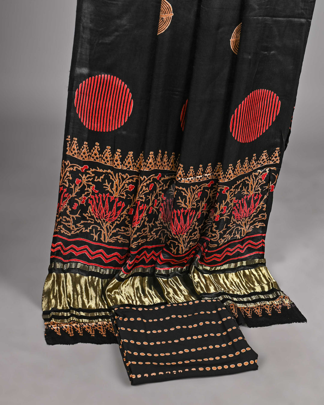 Pure Modal Silk Ajrakh handblock printed Unstitched Suit - Black and mustard