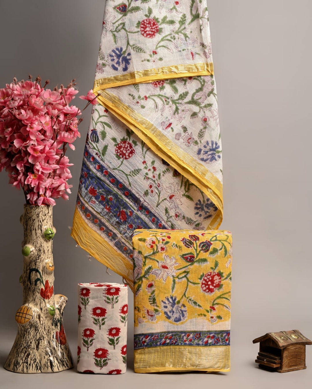 Pure Linen Cotton Handblock Printed Suit - Elegant Multi-Color Floral Print on White Base