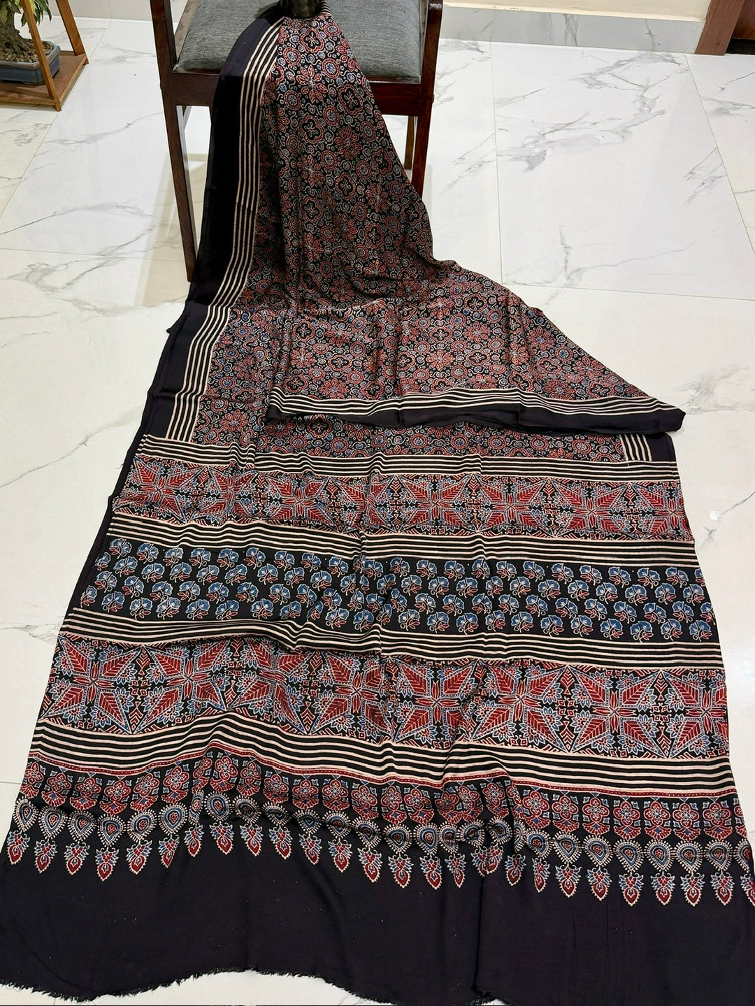 Traditional Maroon & Black Pure Modal Silk Ajrakh Saree with Detailed Border Print