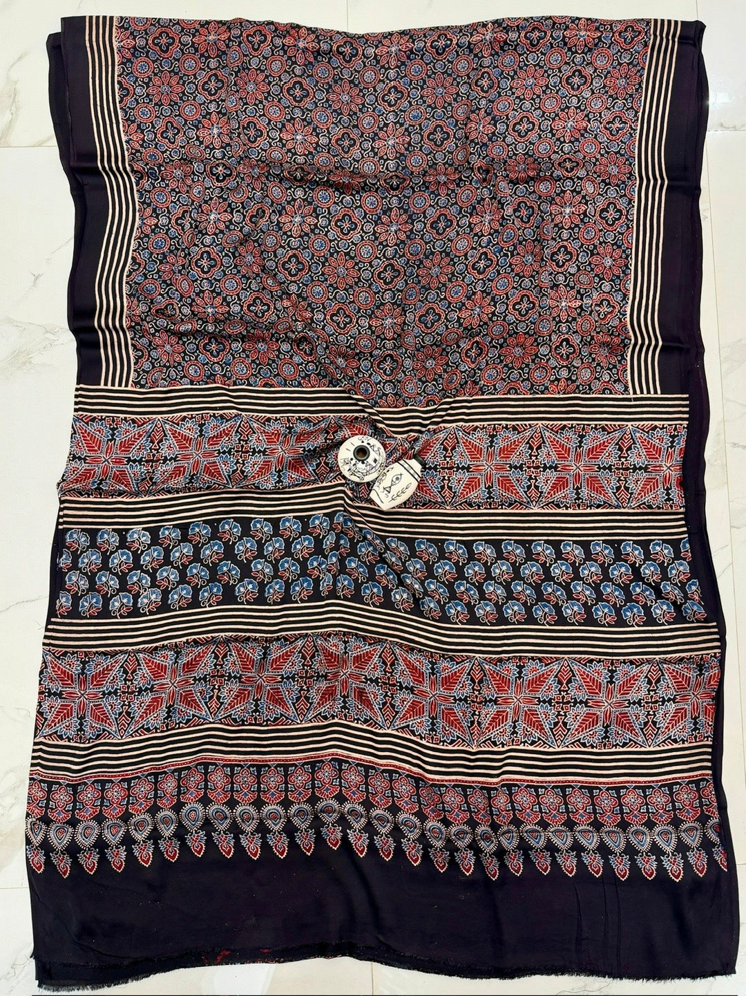 Traditional Maroon & Black Pure Modal Silk Ajrakh Saree with Detailed Border Print