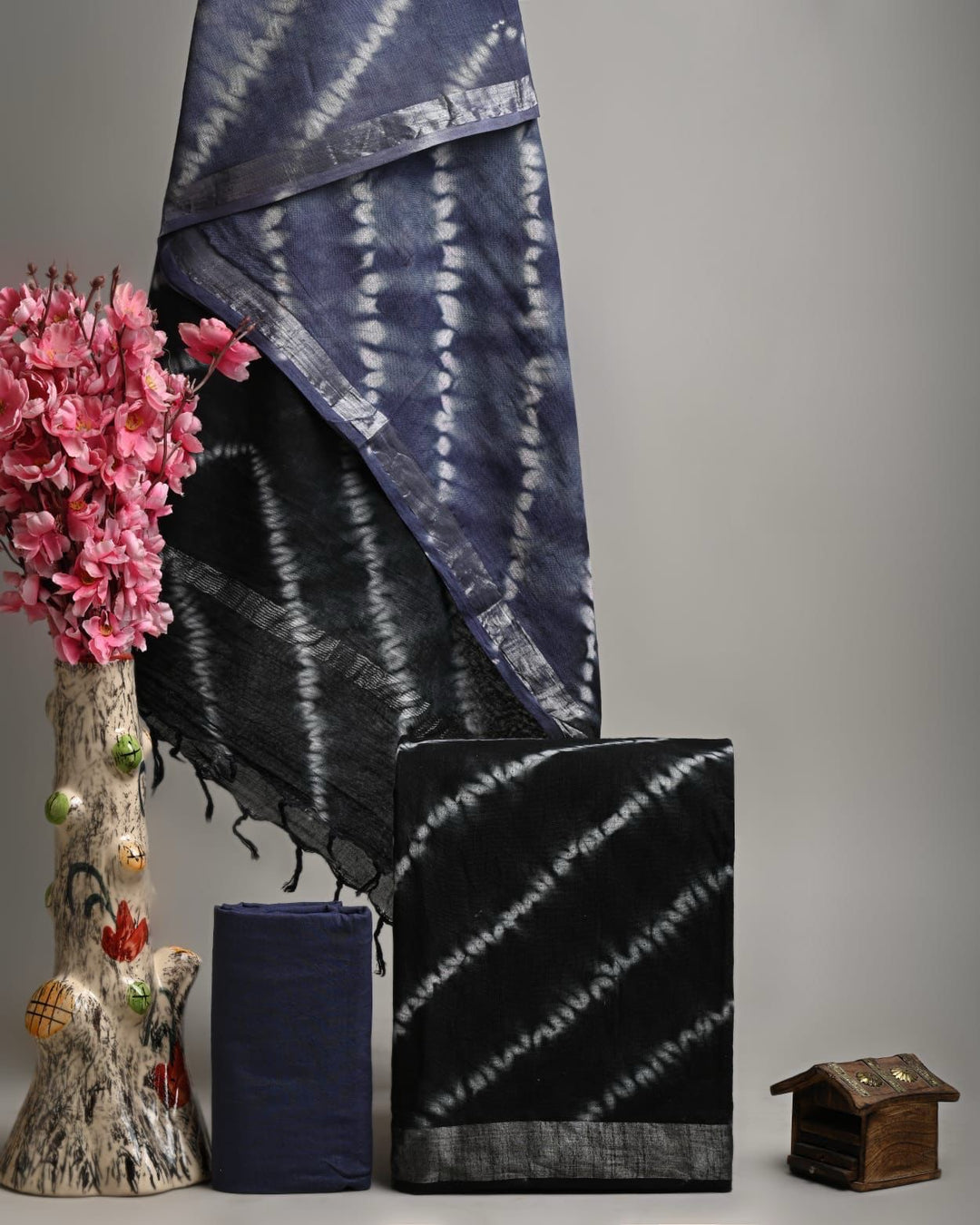 Pure Linen Cotton Handblock Printed Shibori Suit Set in Midnight Blue & Black