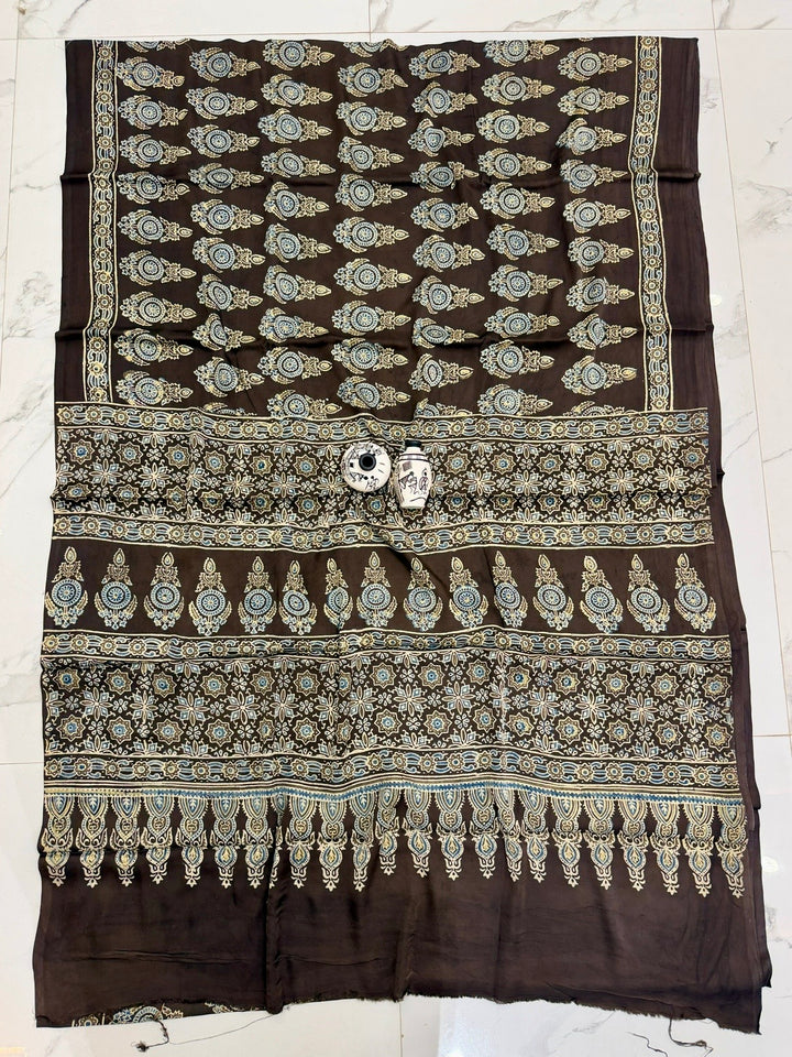 Rich Chocolate Brown Pure Modal Silk Ajrakh Saree with Royal Medallion Handblock