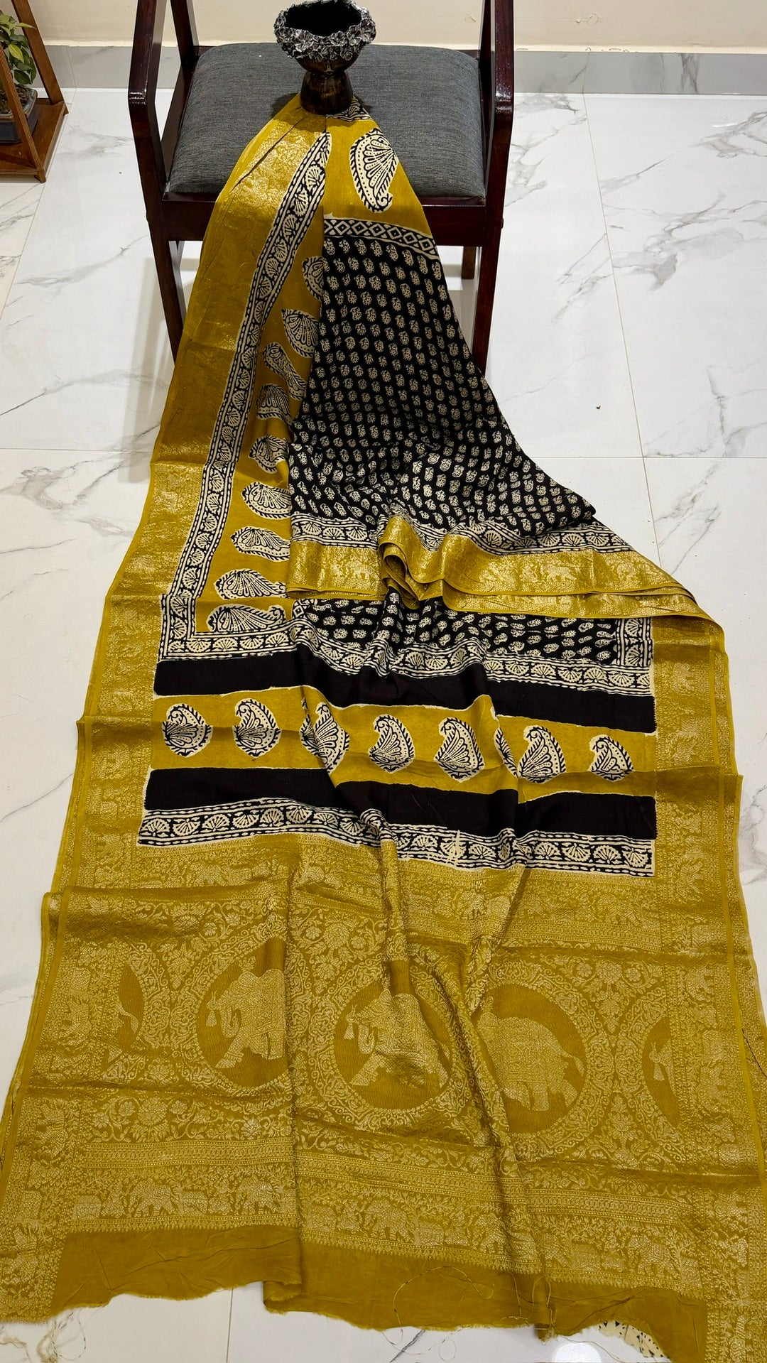 Pure Dola Silk Ajrakh Handblock Printed Saree in Mustard Yellow and Black Paisley
