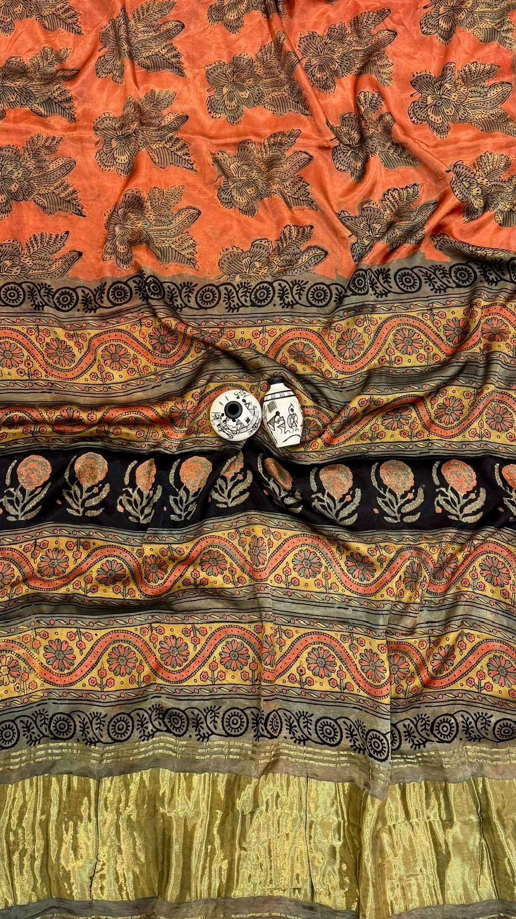 Rust Orange and Black Pure Gajji Silk Ajrakh Handblock Printed Saree with Tissue Pallu