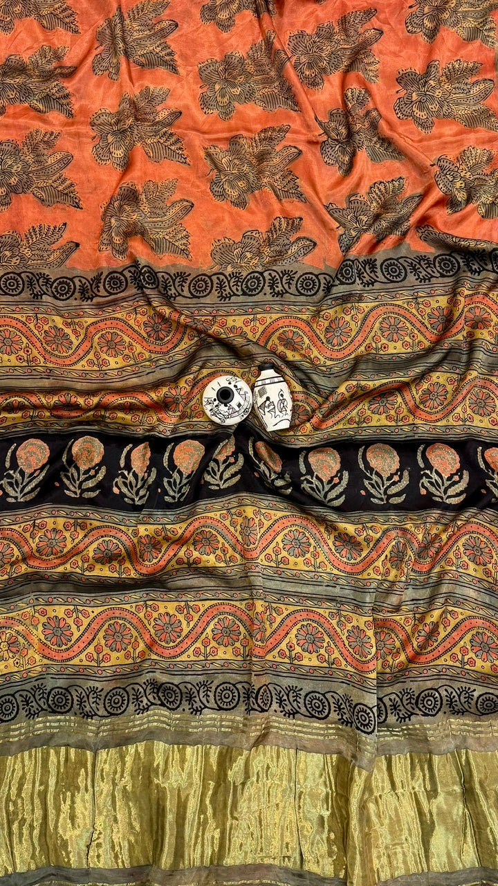 Rust Orange and Black Pure Gajji Silk Ajrakh Handblock Printed Saree with Tissue Pallu