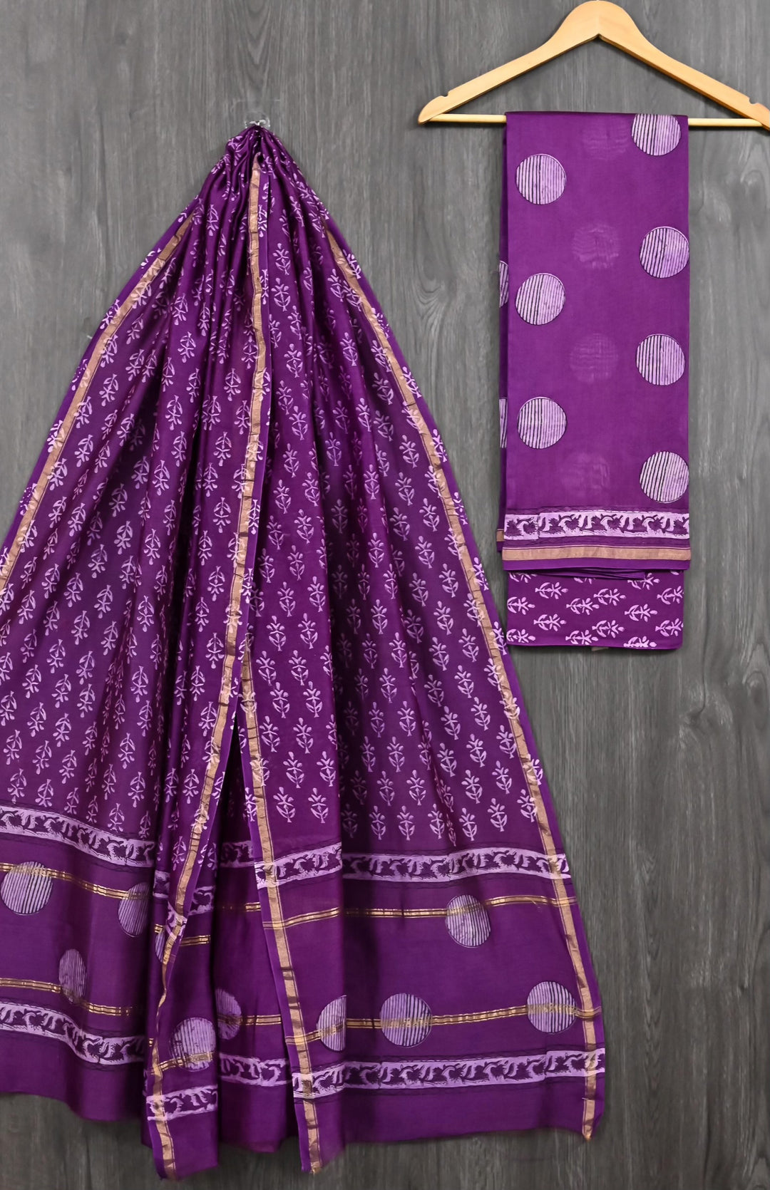 Chanderi Silk Handblock Polka Print Suit with Zari Border