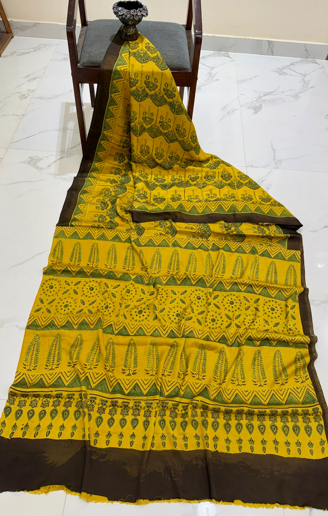 Pure Modal Silk Ajrakh Saree in Vibrant Mustard & Olive Green Handblock Print