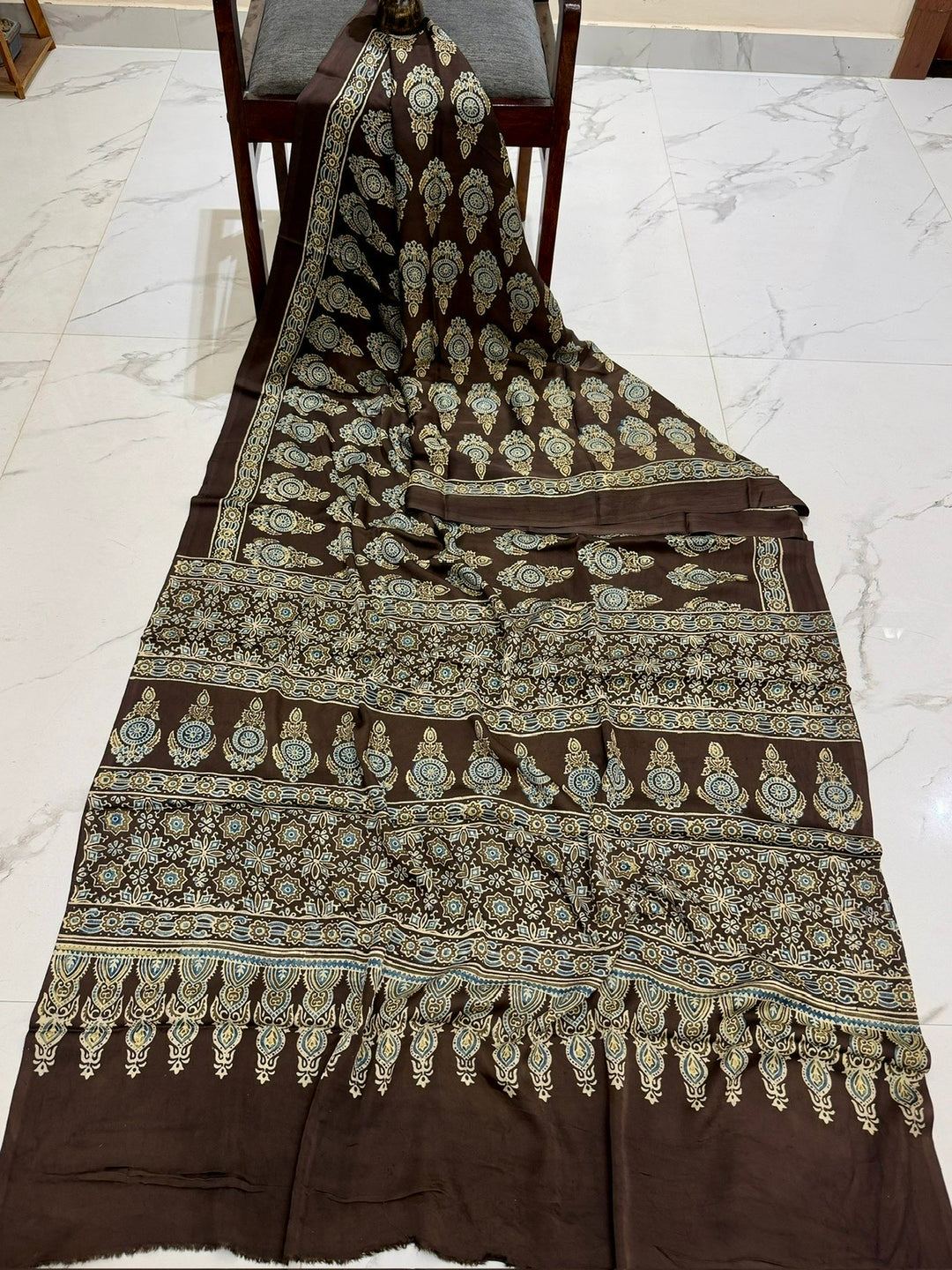 Rich Chocolate Brown Pure Modal Silk Ajrakh Saree with Royal Medallion Handblock