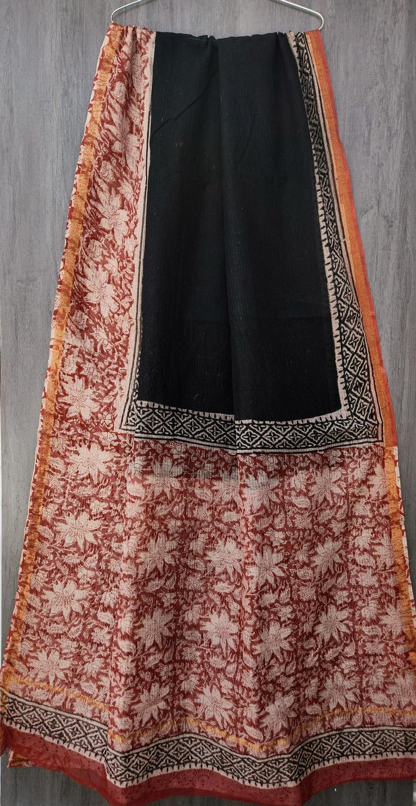 Pure Kota Doria Handblock Printed Lightweight Sarees With Blouse - Putaai Red & Black