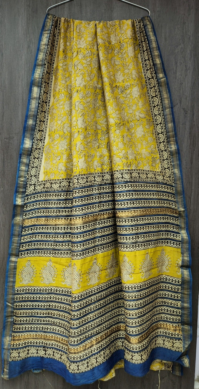 Mustard Yellow & Royal Blue Floral Jaal Handblock Printed Pure Maheshwari Silk Saree