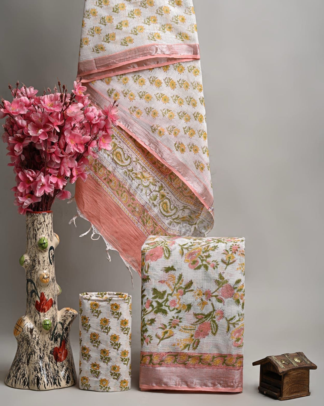 White & Mustard Yellow Pure Linen Cotton Suit with Delicate Handblock Floral Print