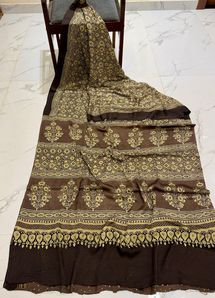 Coffee Brown Pure Modal Silk Ajrakh Saree with Golden Floral Buta Handblock