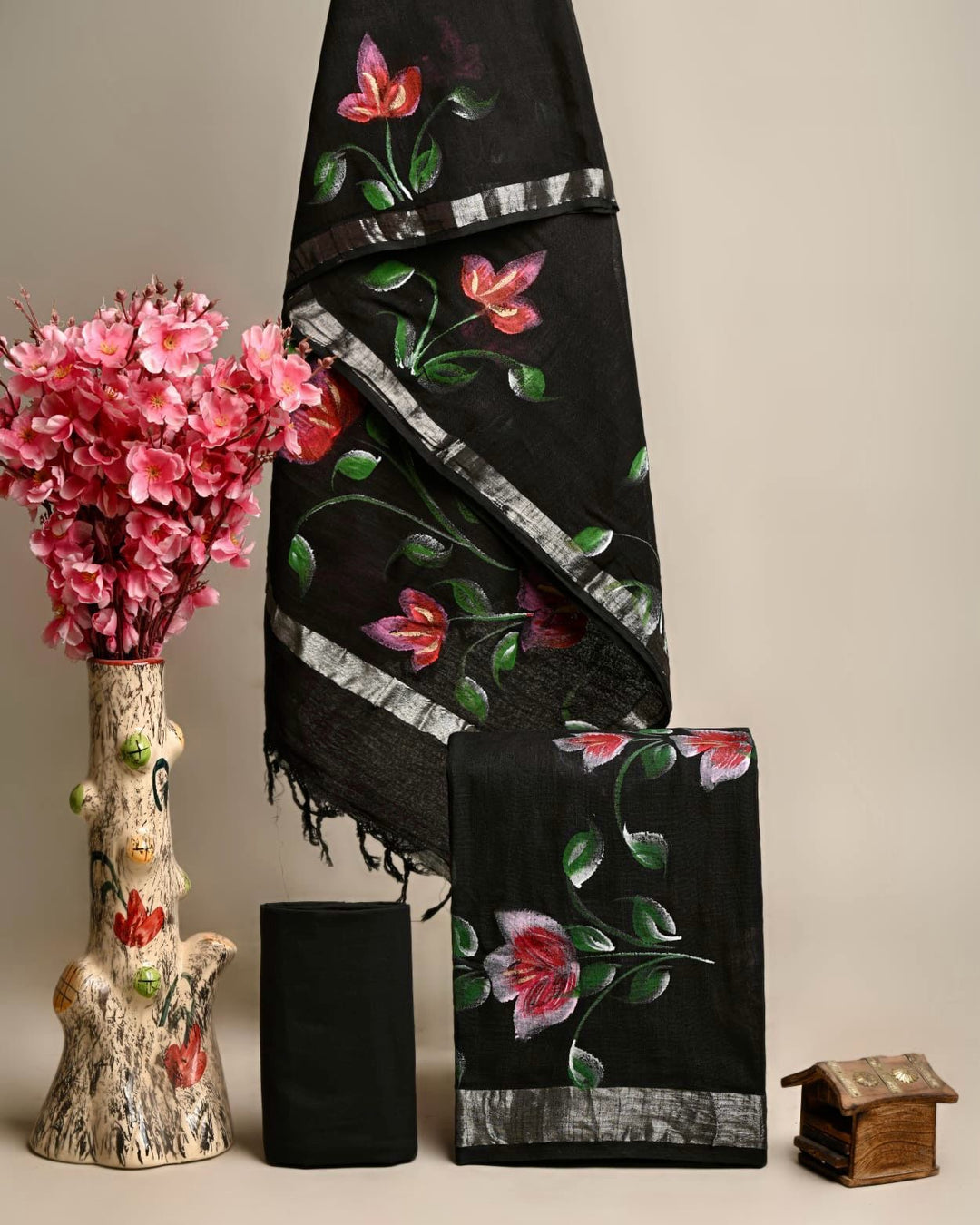 Classy Black Pure Linen Cotton Handblock Printed Suit Set with Vibrant Floral Art