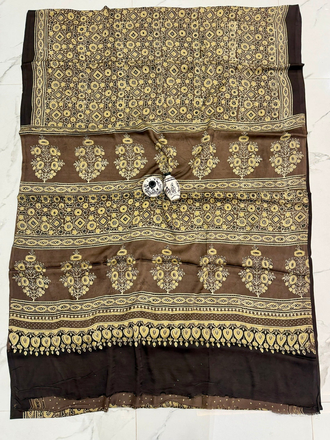 Coffee Brown Pure Modal Silk Ajrakh Saree with Golden Floral Buta Handblock