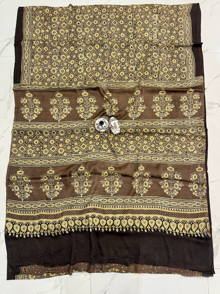 Coffee Brown Pure Modal Silk Ajrakh Saree with Golden Floral Buta Handblock