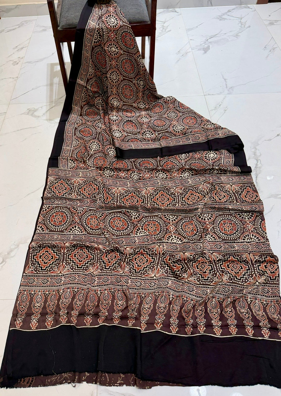 Deep Maroon & Black Pure Modal Silk Ajrakh Saree with Circular Mandala Motifs