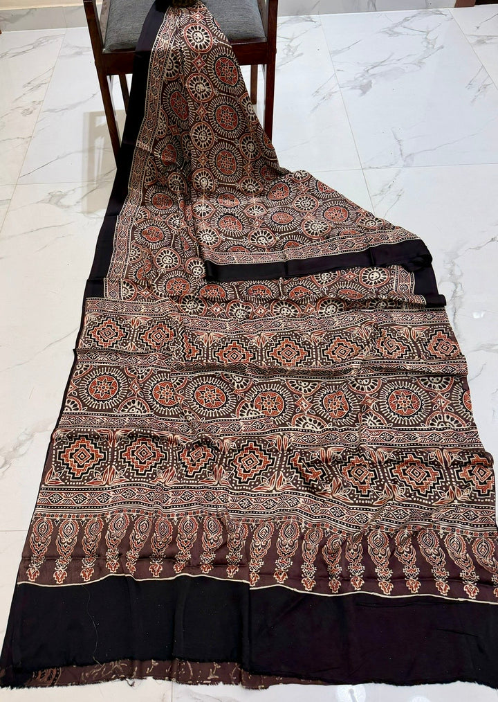 Deep Maroon & Black Pure Modal Silk Ajrakh Saree with Circular Mandala Motifs