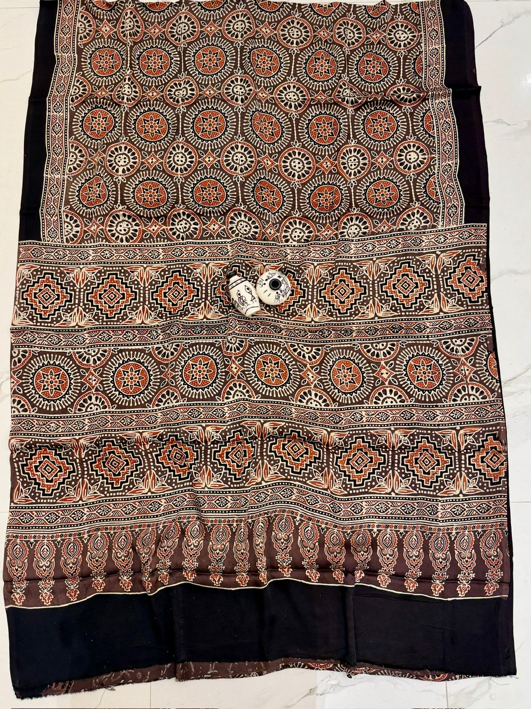 Deep Maroon & Black Pure Modal Silk Ajrakh Saree with Circular Mandala Motifs